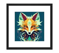 Artery8 Contemporary Folk Style Fox Abstract Face Portrait Illustration Orange Teal Square Wooden Framed Wall Art Print Picture 8X8 Inch in Black Artery8 Black