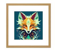 Artery8 Contemporary Folk Style Fox Abstract Face Portrait Illustration Orange Teal Square Wooden Framed Wall Art Print Picture 8X8 Inch in Light Oak Artery8 Light Oak