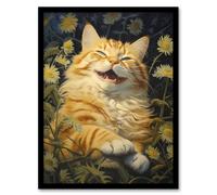 Artery8 Contented Grinning Ginger Cat Wildflower Meadow Oil Painting Art Print Framed Poster Wall Decor 12x16 inch