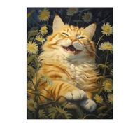 Artery8 Contented Grinning Ginger Cat Wildflower Meadow Oil Painting Unframed Wall Art Print Poster Home Decor Premium | Size: W12" x H16" Artery8 Multicolor W12" x H16"