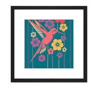 Artery8 Coral Pink Hummingbird Yellow Purple Red Flowers Painting Square Wooden Framed Wall Art Print Picture 8X8 Inch in Black Artery8 Black
