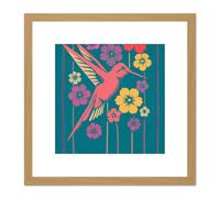 Artery8 Coral Pink Hummingbird Yellow Purple Red Flowers Painting Square Wooden Framed Wall Art Print Picture 8X8 Inch in Light Oak Artery8 Light Oak