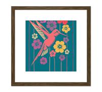 Artery8 Coral Pink Hummingbird Yellow Purple Red Flowers Painting Square Wooden Framed Wall Art Print Picture 8X8 Inch in Brown Artery8 Brown