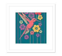 Artery8 Coral Pink Hummingbird Yellow Purple Red Flowers Painting Square Wooden Framed Wall Art Print Picture 8X8 Inch in White Artery8 White