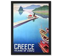 Artery8 Corfu Greece Boats Pier Mount Travel Advert Artwork Framed Wall Art Print A4