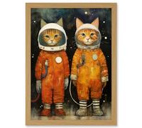 Wall Art Print Cosmic Cats in Outer Space Moon Walk Fun Kids Bedroom Artwork Framed A4 Artery8 Light Oak A4