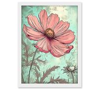 Artery8 Cosmos Flower Bloom Soft Pink and Teal Watercolour Artwork Framed A3 Wall Art Print