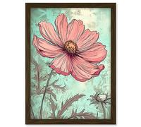 Artery8 Cosmos Flower Bloom Soft Pink and Teal Watercolour Artwork Framed A3 Wall Art Print