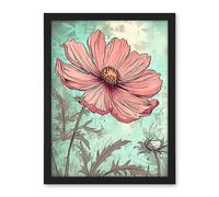 Artery8 Cosmos Flower Bloom Soft Pink and Teal Watercolour Artwork Framed Wall Art Print 18X24 Inch