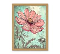 Artery8 Cosmos Flower Bloom Soft Pink and Teal Watercolour Artwork Framed Wall Art Print 18X24 Inch