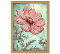 Artery8 Cosmos Flower Bloom Soft Pink and Teal Watercolour Artwork Framed Wall Art Print A4