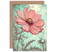 Artery8 Cosmos Flower Soft Pink Teal Watercolour Custom Greeting Card Personalised Message Inside for Wife Her Mum Sister Daughter Mom Gran Nan Birthday Thank You Mothers Day