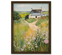 Wall Art Print Country Farmhouse Cottage Scene Traditional Landscape Oil Painting Meadows Countryside Summer Artwork Framed A4 Artery8 Brown A4