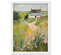 Wall Art Print Country Farmhouse Cottage Scene Traditional Landscape Oil Painting Meadows Countryside Summer Artwork Framed A4 Artery8 White A4