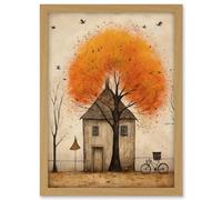 Artery8 Country House Autumn Tree Oil Painting Orange Brown Bicycle on Fence Rural Life Artwork Framed A3 Wall Art Print