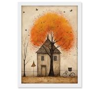 Artery8 Country House Autumn Tree Oil Painting Orange Brown Bicycle on Fence Rural Life Artwork Framed A3 Wall Art Print