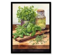 Artery8 Country Kitchen Art Watercolour Basil Herb Still Life Study Painting Art Print Framed Poster Wall Decor 12x16 inch | Size: W12" x H16" Artery8 Black W12" x H16"