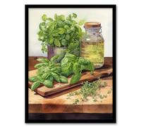 Artery8 Country Kitchen Art Watercolour Basil Herb Still Life Study Painting Artwork Framed Wall Art Print 18X24 Inch