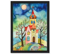 Artery8 Countryside Chapel Folk Art Watercolour Painting Artwork Framed A3 Wall Art Print