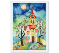 Artery8 Countryside Chapel Folk Art Watercolour Painting Artwork Framed A3 Wall Art Print