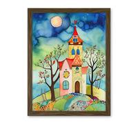 Artery8 Countryside Chapel Folk Art Watercolour Painting Artwork Framed Wall Art Print 18X24 Inch