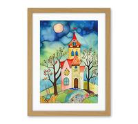 Artery8 Countryside Chapel Folk Art Watercolour Painting Artwork Framed Wall Art Print 18X24 Inch