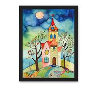 Artery8 Countryside Chapel Folk Art Watercolour Painting Artwork Framed Wall Art Print 18X24 Inch