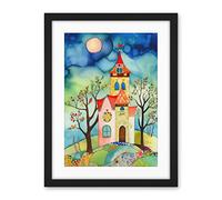 Artery8 Countryside Chapel Folk Art Watercolour Painting Artwork Framed Wall Art Print 18X24 Inch