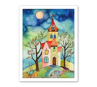 Artery8 Countryside Chapel Folk Art Watercolour Painting Artwork Framed Wall Art Print 18X24 Inch