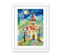 Artery8 Countryside Chapel Folk Art Watercolour Painting Artwork Framed Wall Art Print 18X24 Inch