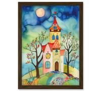 Artery8 Countryside Chapel Folk Art Watercolour Painting Artwork Framed Wall Art Print A4 in Brown Artery8 Brown
