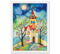 Artery8 Countryside Chapel Folk Art Watercolour Painting Artwork Framed Wall Art Print A4 in White Artery8 White