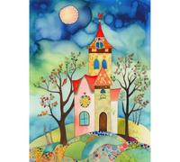 Artery8 Countryside Chapel Folk Art Watercolour Painting Large Wall Art Poster Print Thick Paper 18X24 Inch