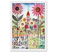 Artery8 Countryside Chapel Garden Folk Art Watercolour Painting Artwork Framed A3 Wall Art Print