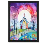 Artery8 Countryside Chapel In Full Moon Spring Night Folk Art Watercolour Painting Artwork Framed A3 Wall Art Print