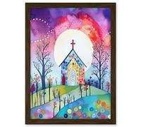 Artery8 Countryside Chapel In Full Moon Spring Night Folk Art Watercolour Painting Artwork Framed A3 Wall Art Print