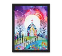 Artery8 Countryside Chapel In Full Moon Spring Night Folk Art Watercolour Painting Artwork Framed Wall Art Print 18X24 Inch