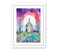 Artery8 Countryside Chapel In Full Moon Spring Night Folk Art Watercolour Painting Artwork Framed Wall Art Print 18X24 Inch