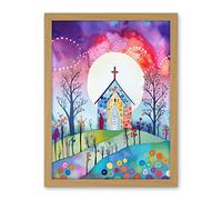 Artery8 Countryside Chapel In Full Moon Spring Night Folk Art Watercolour Painting Artwork Framed Wall Art Print 18X24 Inch