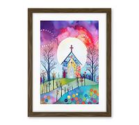 Artery8 Countryside Chapel In Full Moon Spring Night Folk Art Watercolour Painting Artwork Framed Wall Art Print 18X24 Inch