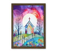 Artery8 Countryside Chapel In Full Moon Spring Night Folk Art Watercolour Painting Artwork Framed Wall Art Print 18X24 Inch