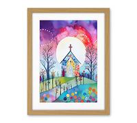 Artery8 Countryside Chapel In Full Moon Spring Night Folk Art Watercolour Painting Artwork Framed Wall Art Print 18X24 Inch