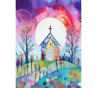Artery8 Countryside Chapel In Full Moon Spring Night Folk Art Watercolour Painting Large Wall Art Poster Print Thick Paper 18X24 Inch