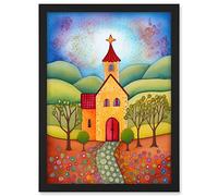 Artery8 Countryside Chapel Spring Landscape Folk Art Watercolour Painting Artwork Framed A3 Wall Art Print