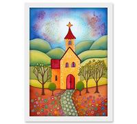 Artery8 Countryside Chapel Spring Landscape Folk Art Watercolour Painting Artwork Framed A3 Wall Art Print