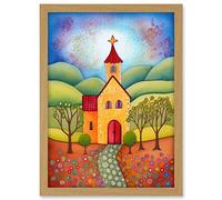 Artery8 Countryside Chapel Spring Landscape Folk Art Watercolour Painting Artwork Framed A3 Wall Art Print