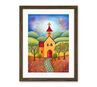 Artery8 Countryside Chapel Spring Landscape Folk Art Watercolour Painting Artwork Framed Wall Art Print 18X24 Inch