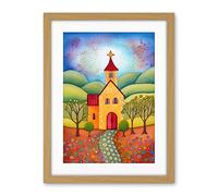 Artery8 Countryside Chapel Spring Landscape Folk Art Watercolour Painting Artwork Framed Wall Art Print 18X24 Inch
