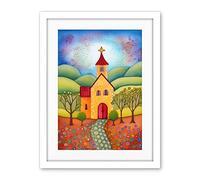Artery8 Countryside Chapel Spring Landscape Folk Art Watercolour Painting Artwork Framed Wall Art Print 18X24 Inch