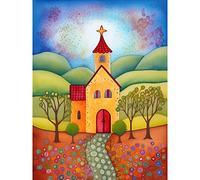 Artery8 Countryside Chapel Spring Landscape Folk Art Watercolour Painting Extra Large XL Wall Art Poster Print